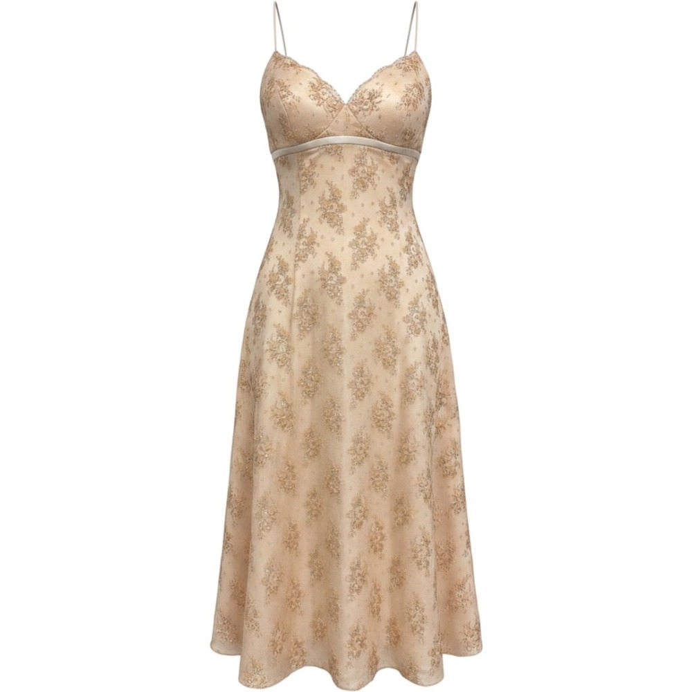 Lazaro Champagne Floral Lace Metallic Gold‎ Midi Dress Made in USA Size 8